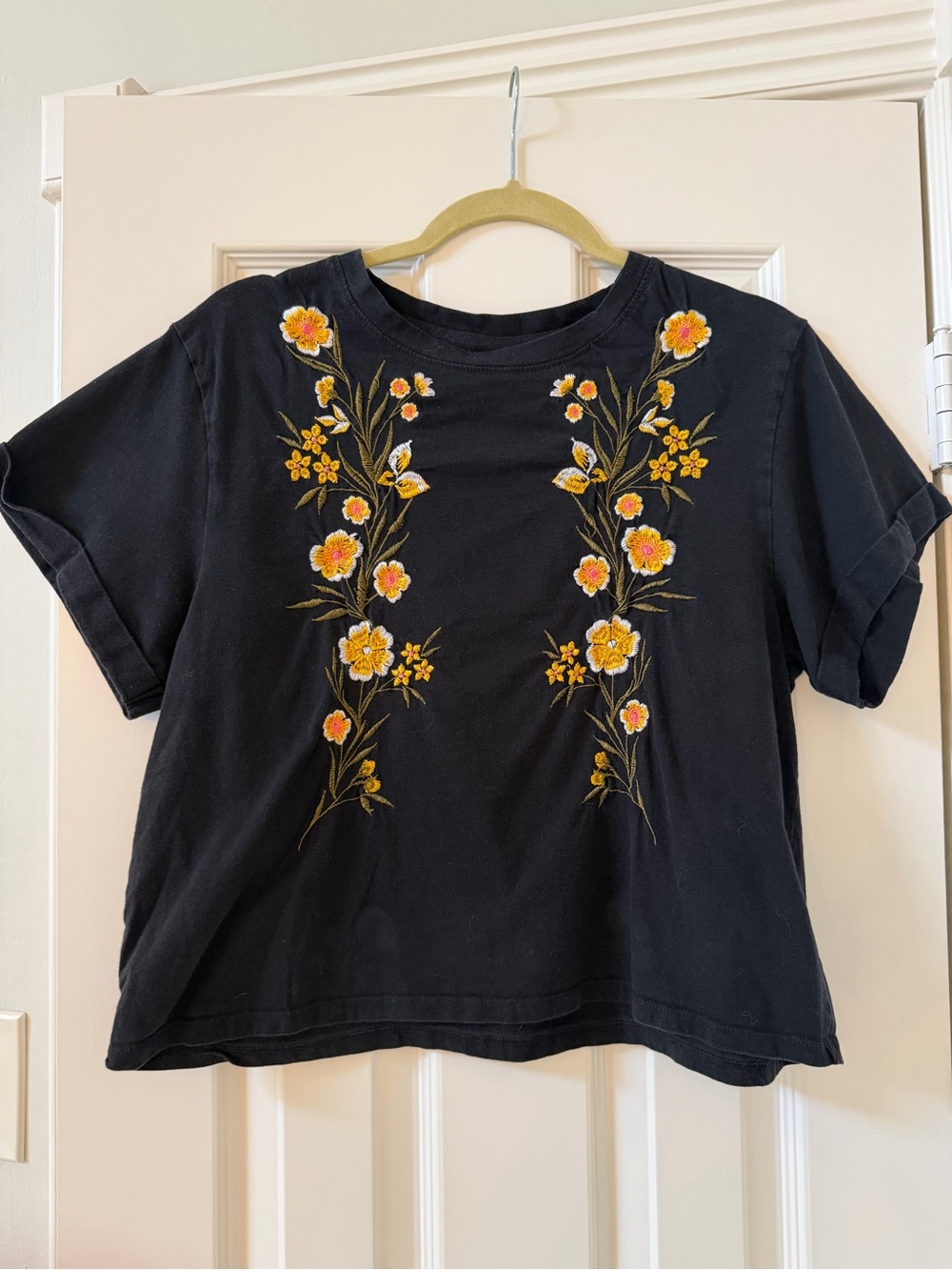 Vibe N’  Black Tee with Yellow & Orange Floral Detail